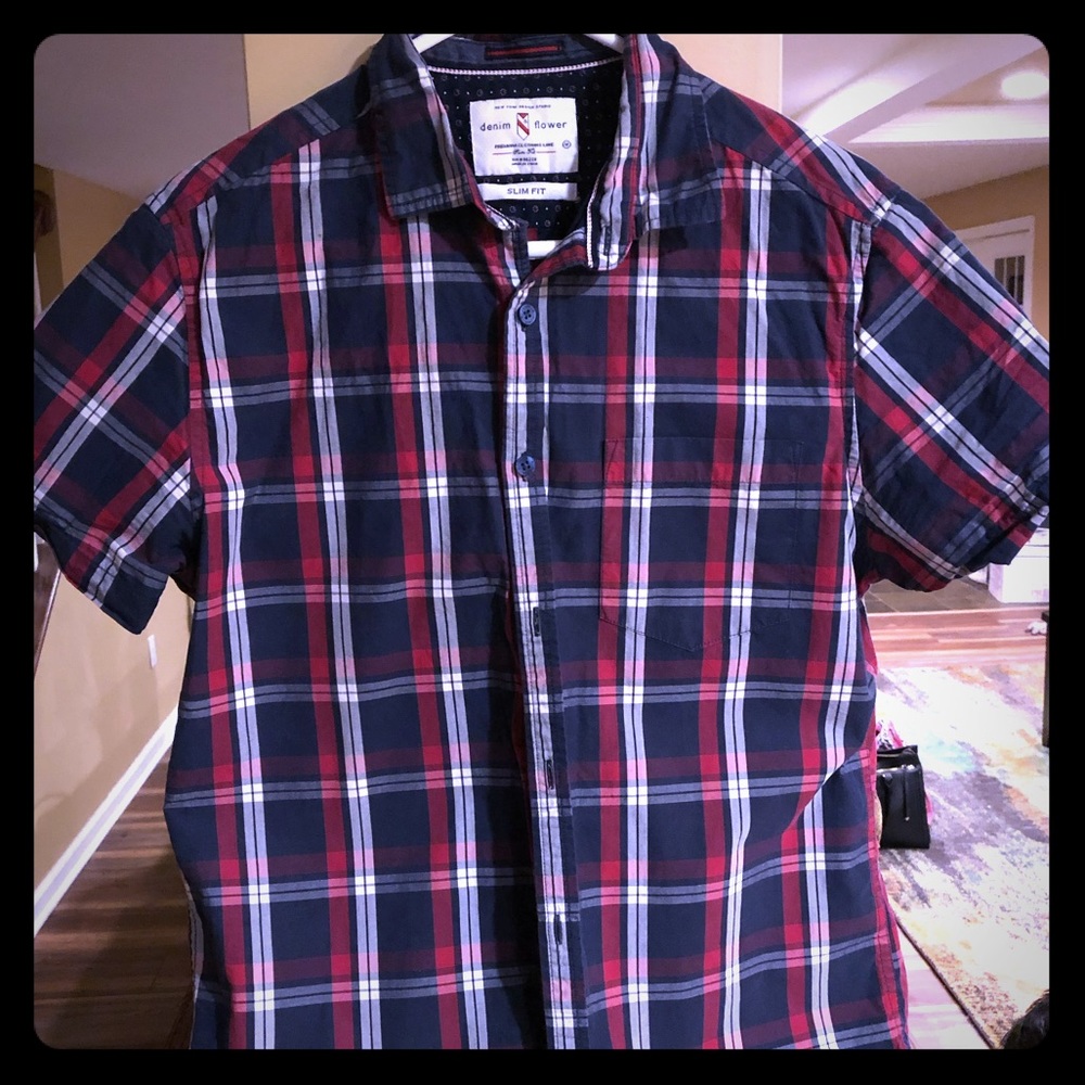 Denim & Flower Shortsleeve Plaid Button-Down Shirt